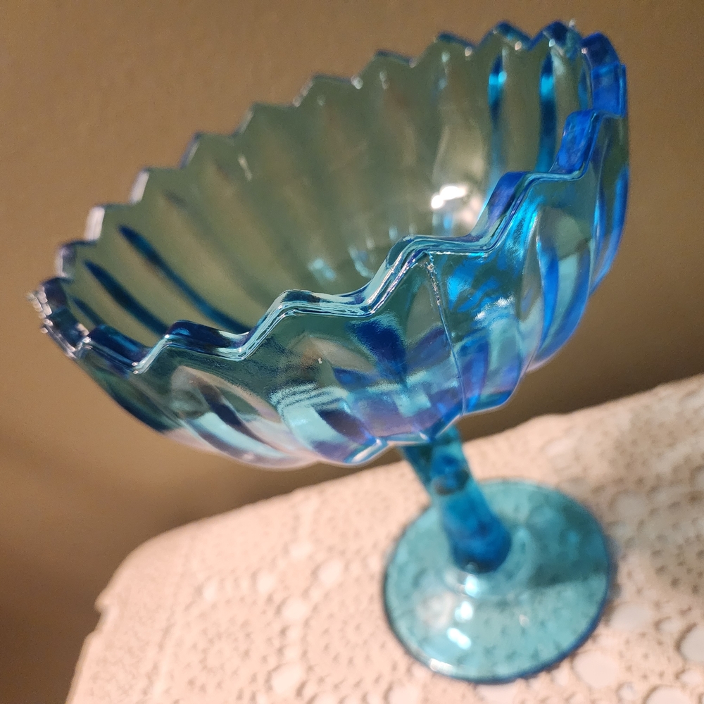 Indiana Glass Aqua Blue Footed Lotus Compote / Candy Dish - Picture 11 of 16